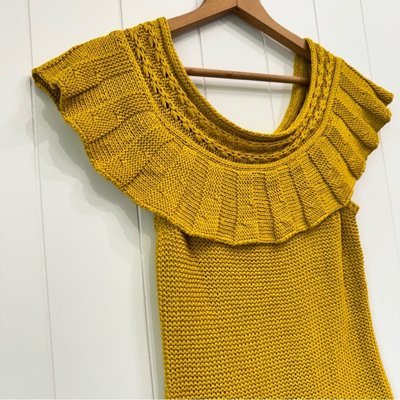 Anthropologie Off The Shoulder Ruffled Knit Cotton Sweater Mustard Crochet M - Picture 5 of 14